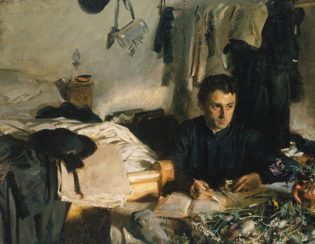 Researcher examining archived newspapers and documents at a desk